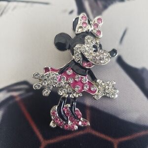 Rare Disney Crystal Jeweled Minnie Brooch Style Facing Right Pin Silver Tone